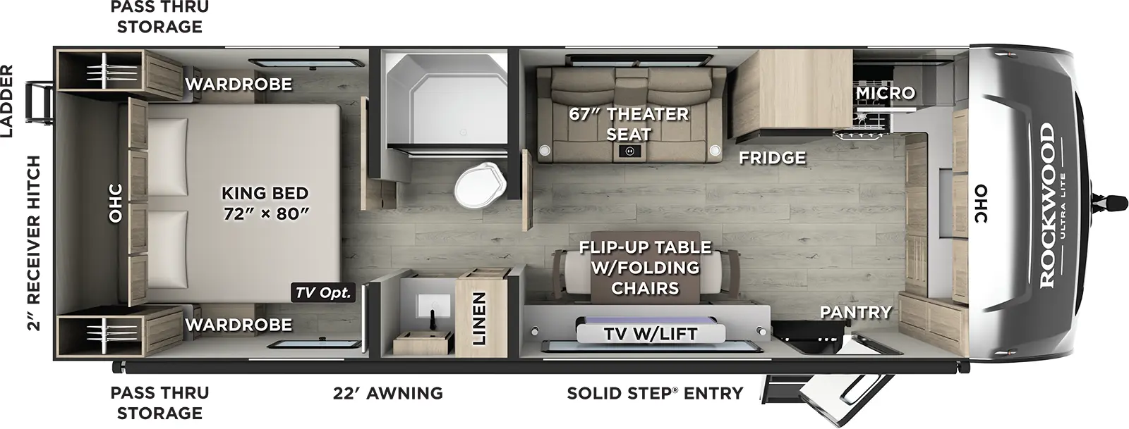 The Rockwood Ultra Lite Travel Trailers 301FKT floorplan has one entry and zero slide outs. Exterior features include: fiberglass exterior and 20' awning. Interiors features include: front kitchen, rear bedroom and pass through bathroom.